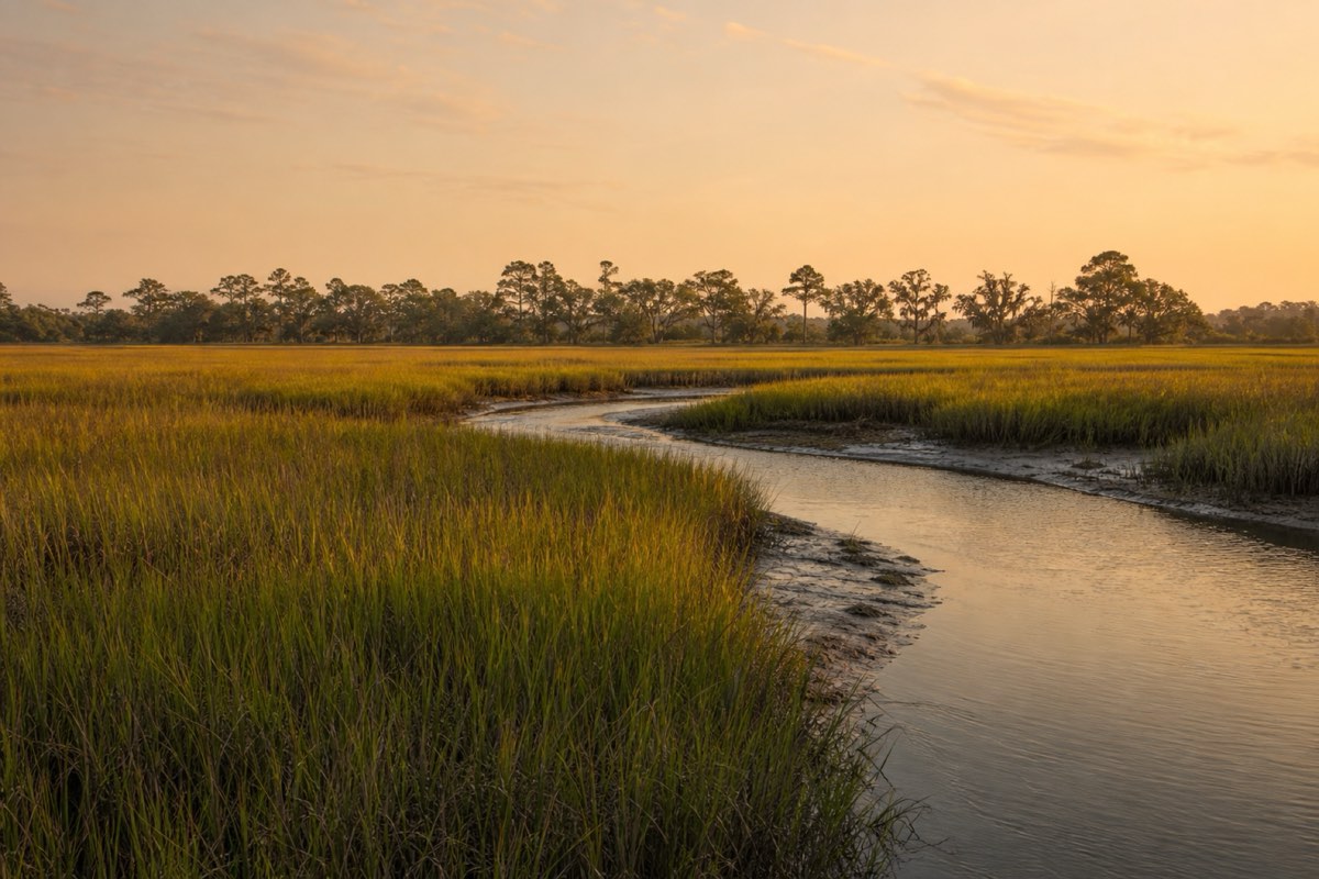 Spartina marsh and winding tidal creek at golden hour with a distant pine treeline