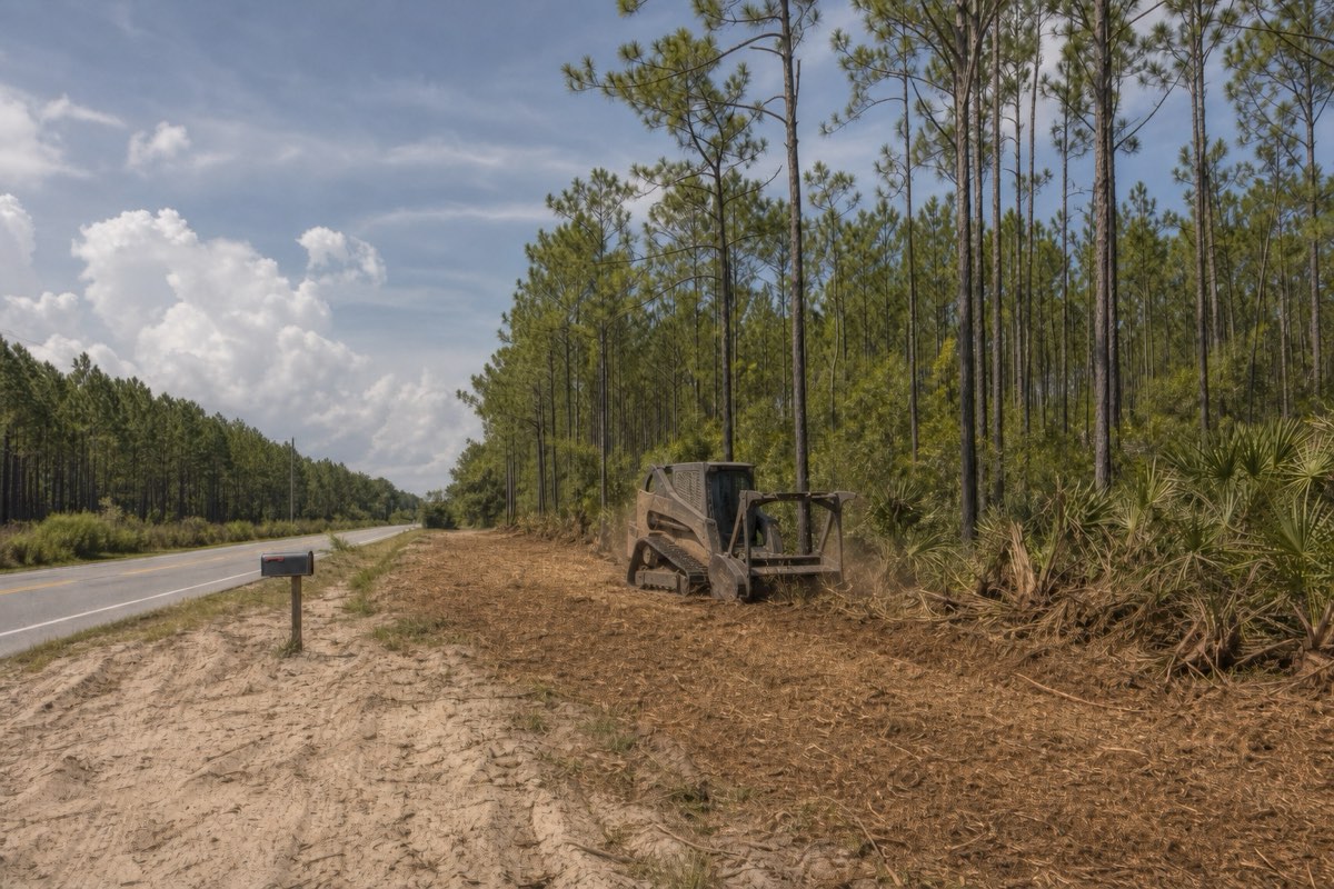 Forestry mulcher grinding pine underbrush on a wooded Awendaw acreage tract with tall loblolly pines overhead