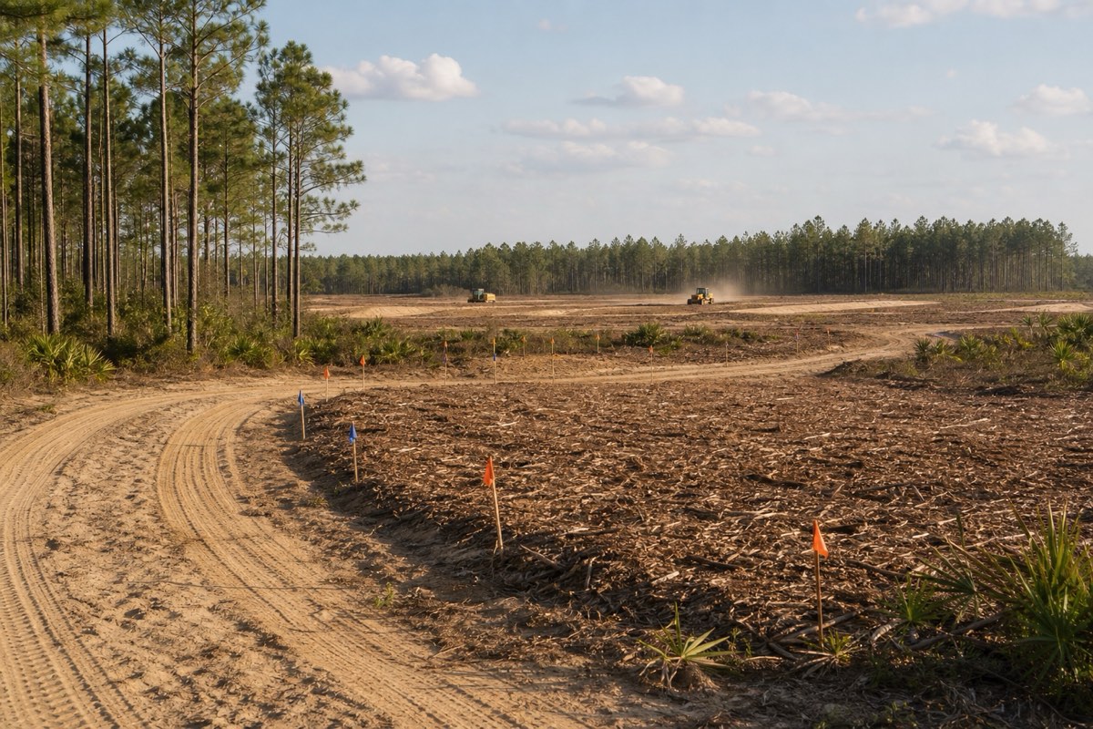 Cleared pine tract with mulched perimeter beside standing timber along the Clements Ferry Road corridor in Cainhoy