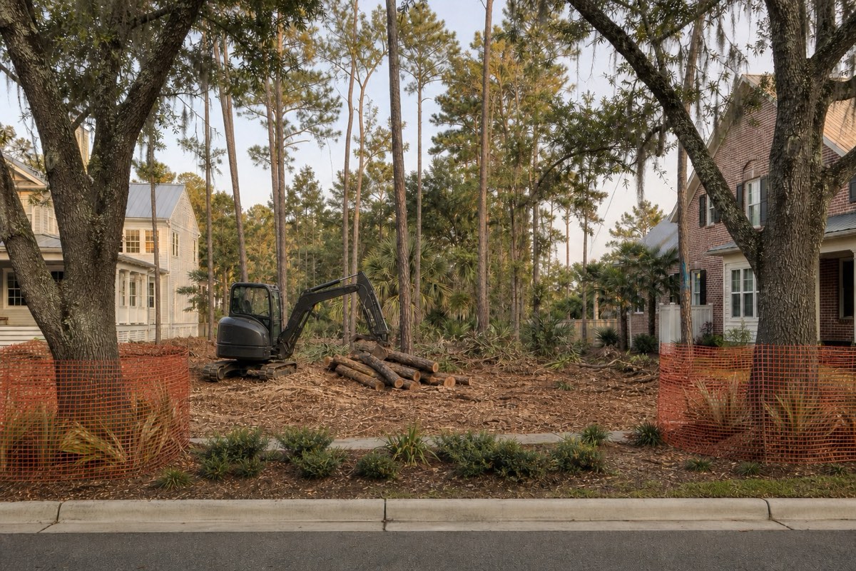 Understory clearing along a wooded buffer between new brick homes on a Daniel Island street