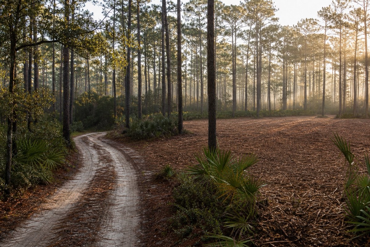Freshly mulched access road running through tall pine timber on a rural Huger hunting tract