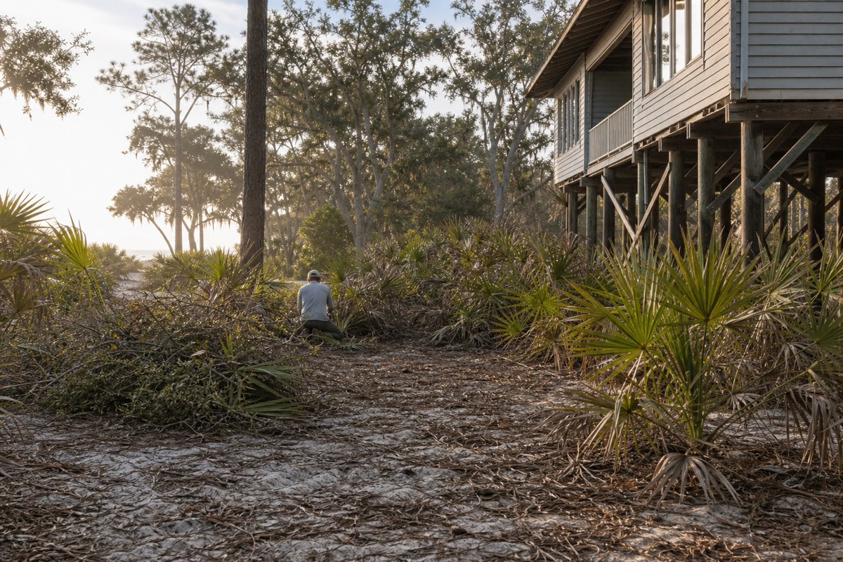 Compact mulching machine clearing dense wax myrtle and palmetto behind a raised beach house on Isle of Palms