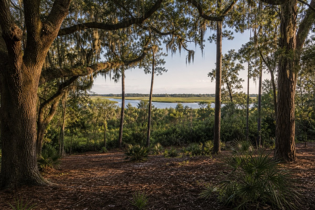 Selective thinning of a wax myrtle buffer at the marsh edge behind a James Island home with a tidal creek beyond