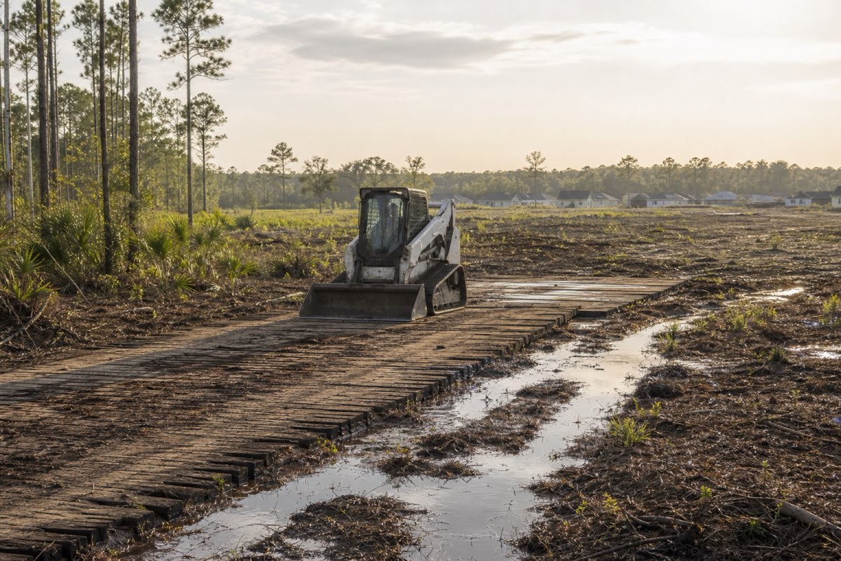 Tracked mulcher clearing brush along a wet farm ditch on former Johns Island farmland under a wide sky
