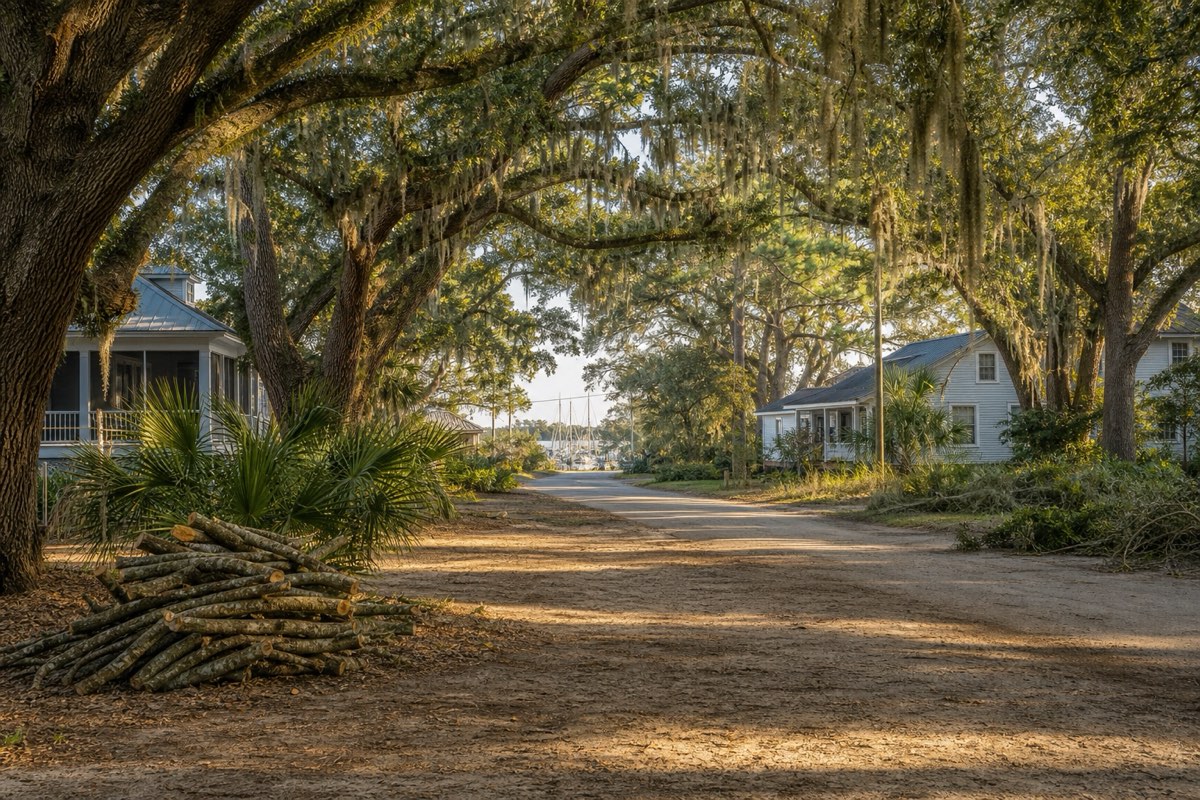 Storm-downed pine being cleared from under intact live oaks near the shrimp docks in McClellanville