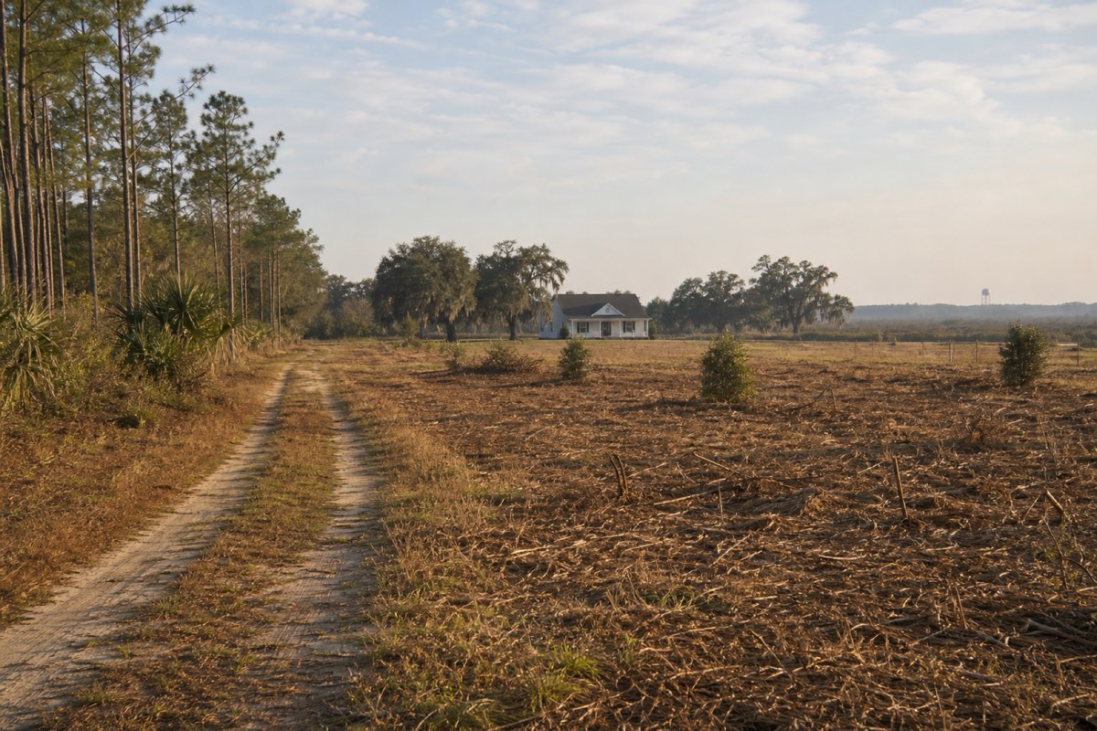 Brush hog reclaiming an overgrown former pasture with young pines on the edge of Moncks Corner