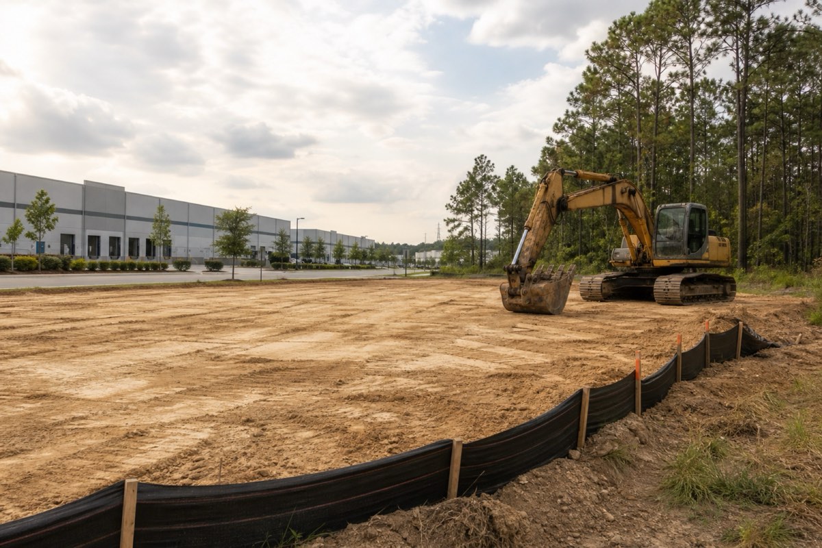 Excavator and mulcher clearing a wooded commercial parcel beside a North Charleston access road