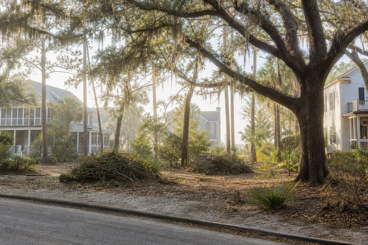 Selective brush removal beneath mature live oaks beside a shingled Sullivan's Island house near the dunes