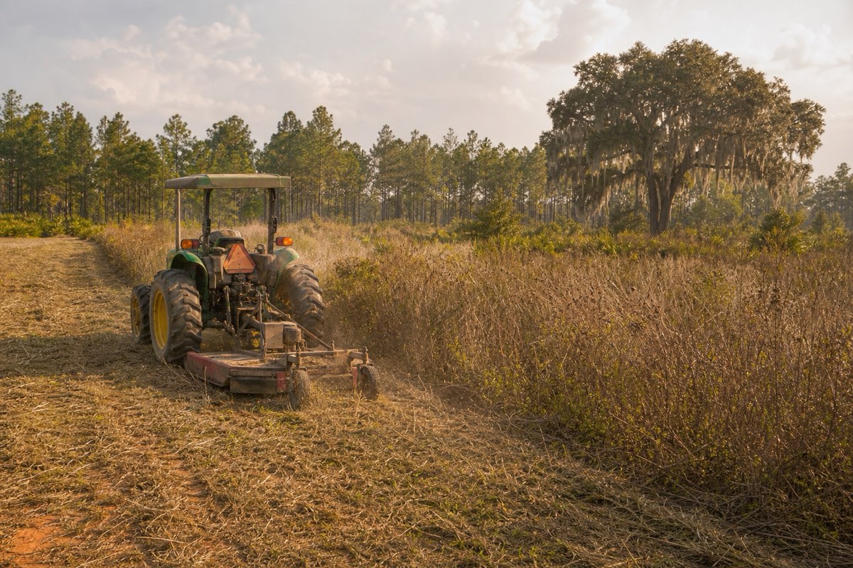 Tractor pulling a rotary brush cutter through waist-high grass and scattered pine saplings on an overgrown Lowcountry field