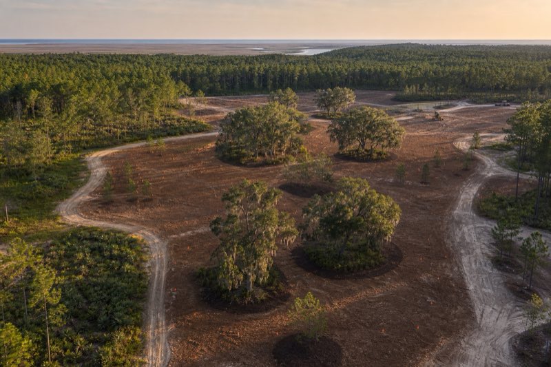 Wide view of a large partially developed tract with mulched maintenance corridors crossing wooded land beside new home construction