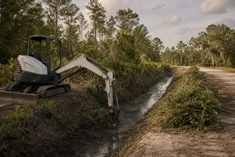Open drainage ditch running along a flat grassy parcel after clearing, cut brush mulched along the bank and water moving in the channel