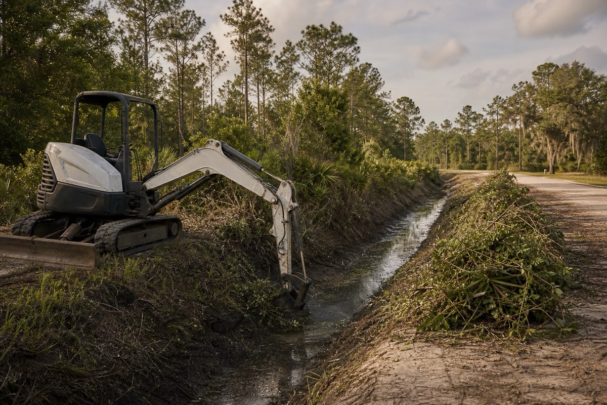 Open drainage ditch running along a flat grassy parcel after clearing, cut brush mulched along the bank and water moving in the channel