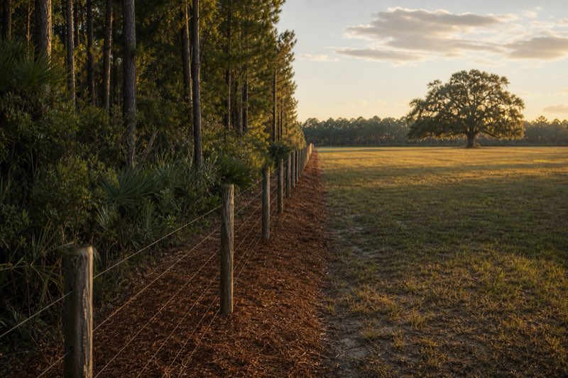 Freshly cleared corridor along an old wire fence line, cut brush mulched on the ground and open pasture visible beyond the fence
