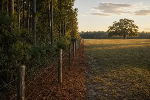 Freshly cleared corridor along an old wire fence line, cut brush mulched on the ground and open pasture visible beyond the fence