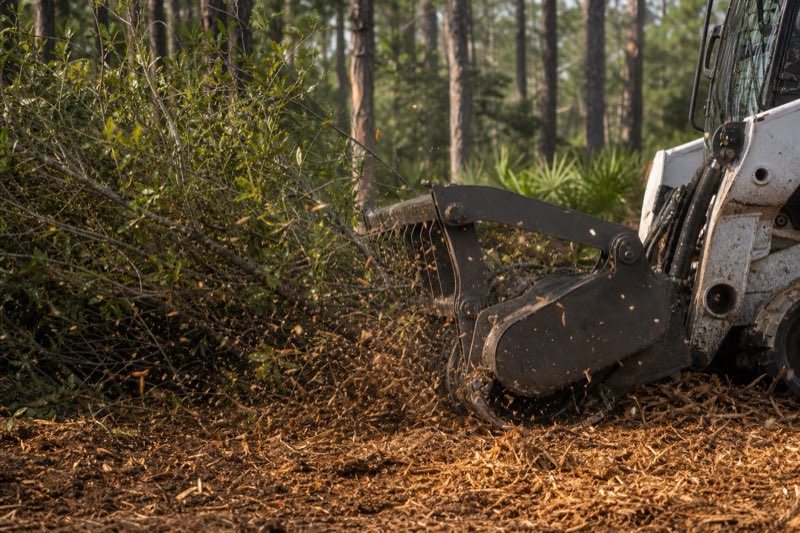 Tracked skid steer with a forestry mulching head grinding wax myrtle and palmetto brush into wood chips on a pine-shaded South Carolina lot