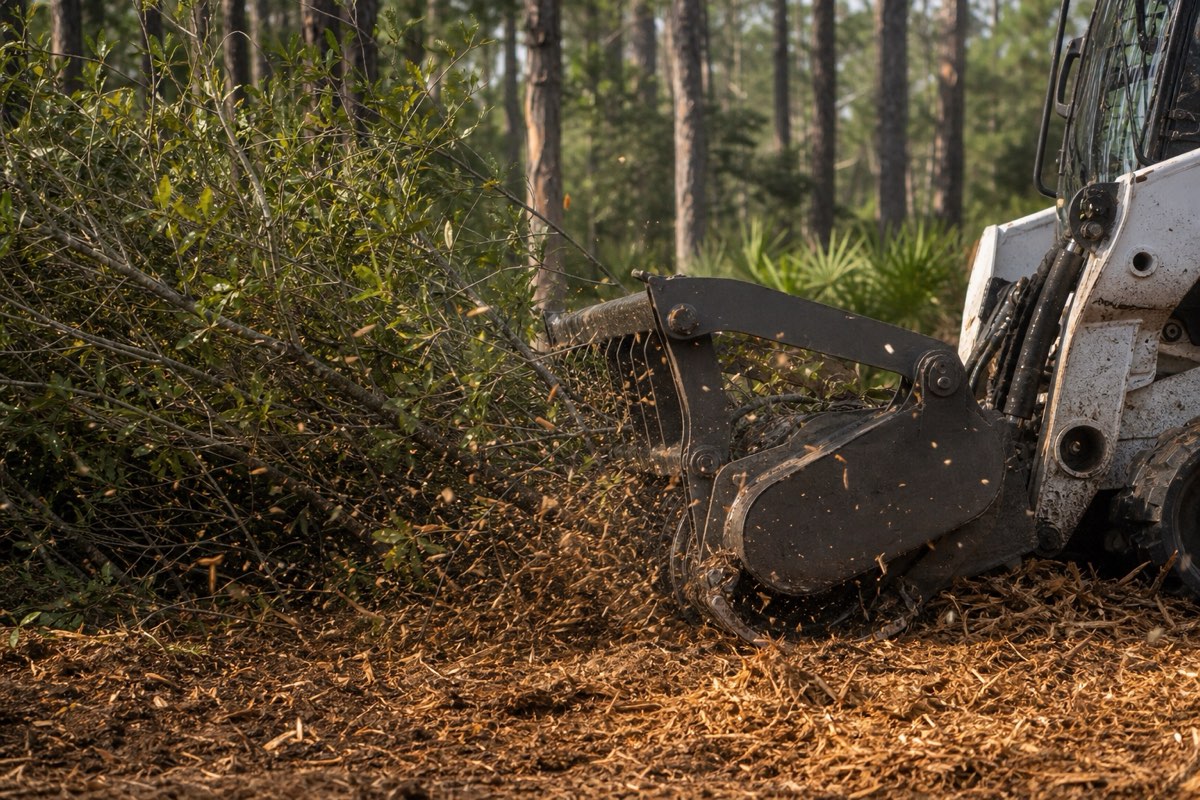 Mulcher head grinding wax myrtle thicket with pines standing behind