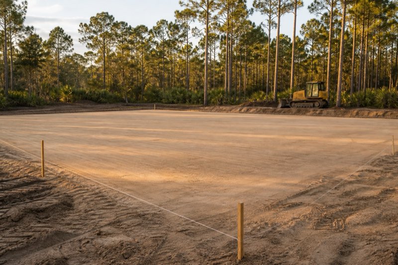 Compact track loader spreading and leveling sandy fill on a cleared building pad, pine woods standing at the edge of the graded area