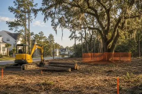 Freshly cleared residential building lot with a large live oak left standing near the property line, surveyor stakes marking the corners