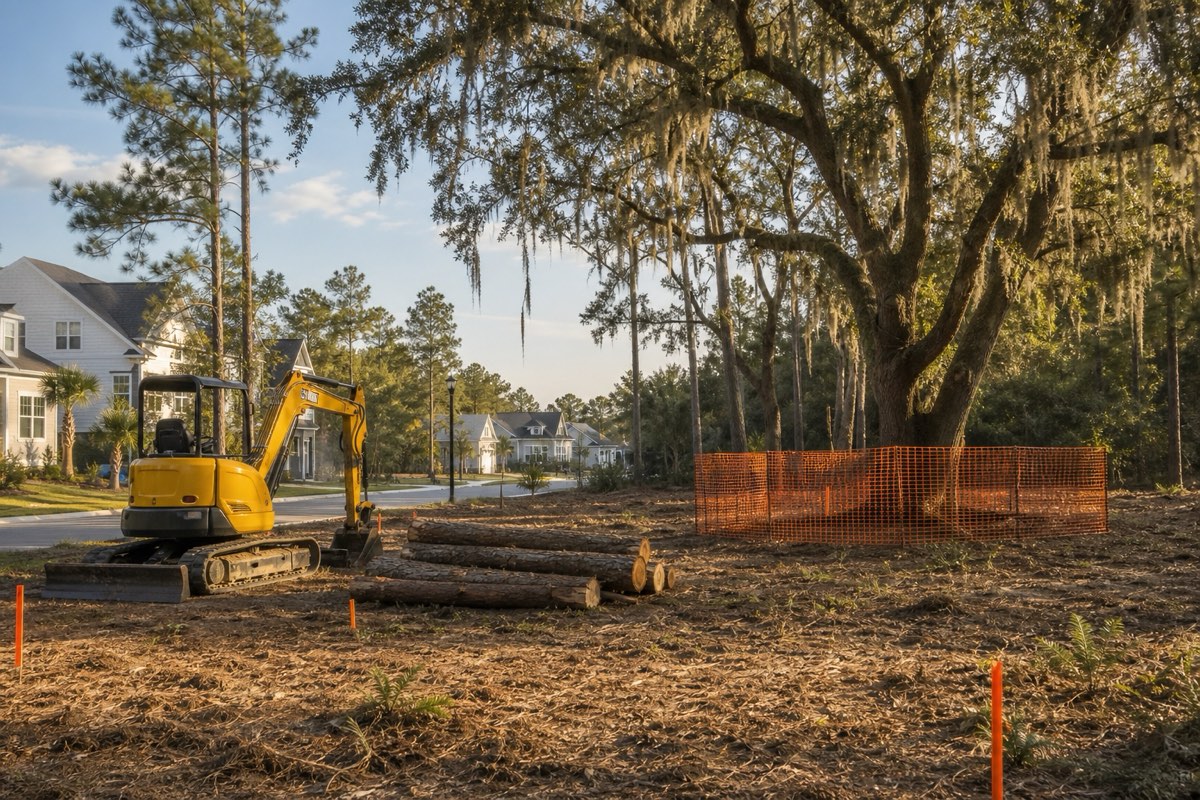 Freshly cleared residential building lot with a large live oak left standing near the property line, surveyor stakes marking the corners