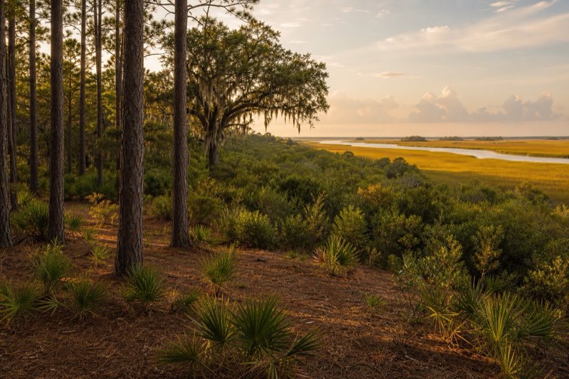Upland edge of a salt marsh with selectively thinned wax myrtle and cedar in the foreground and spartina grass stretching to a tidal creek
