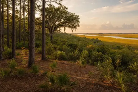 Upland edge of a salt marsh with selectively thinned wax myrtle and cedar in the foreground and spartina grass stretching to a tidal creek