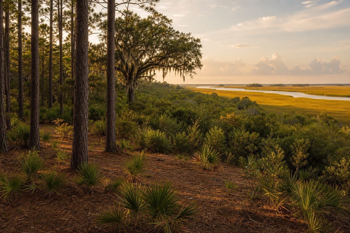 Upland edge of a salt marsh with selectively thinned wax myrtle and cedar in the foreground and spartina grass stretching to a tidal creek