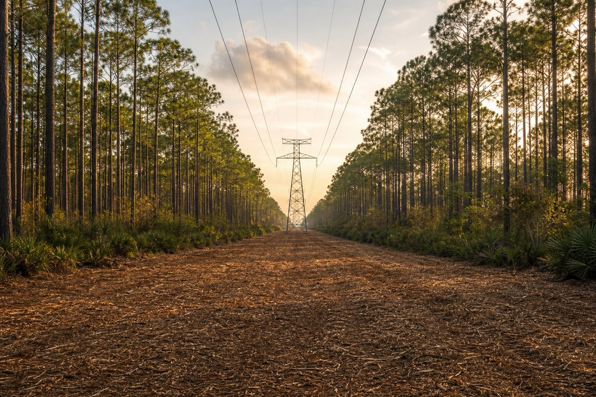 Straight mulched utility right-of-way cut through pine forest, power poles running down the center of the cleared corridor