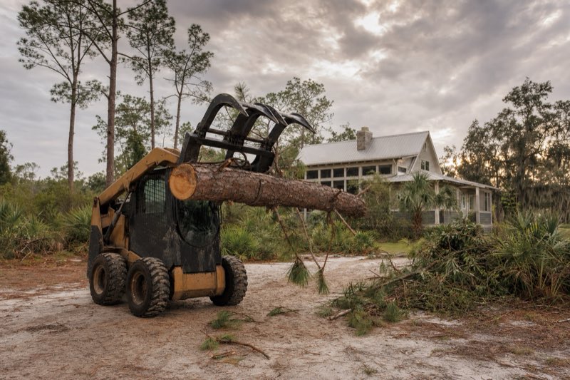 Large pine snapped mid-trunk lying across a residential yard after a storm, sawn sections and scattered limbs awaiting removal