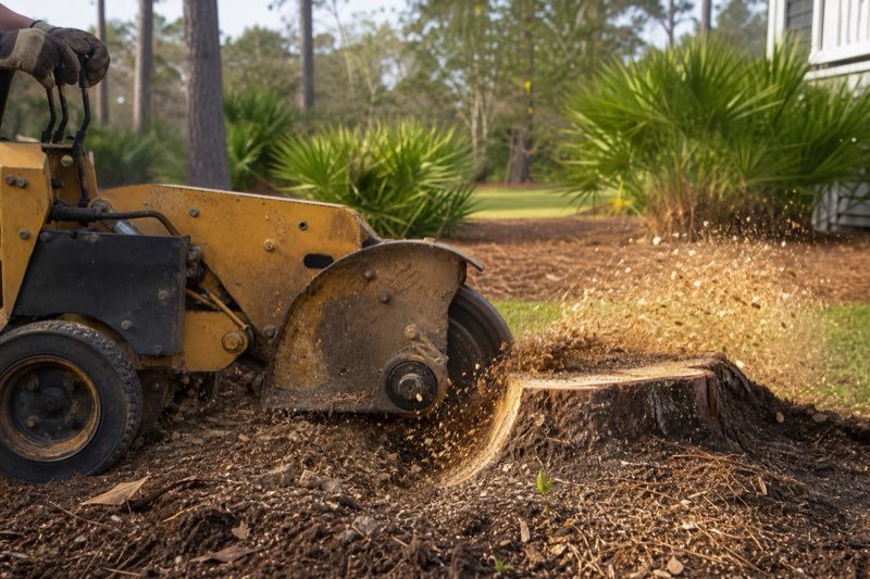 Stump grinder chipping a wide pine stump into mulch on a sandy residential lawn, wood chips scattered around the cutting wheel